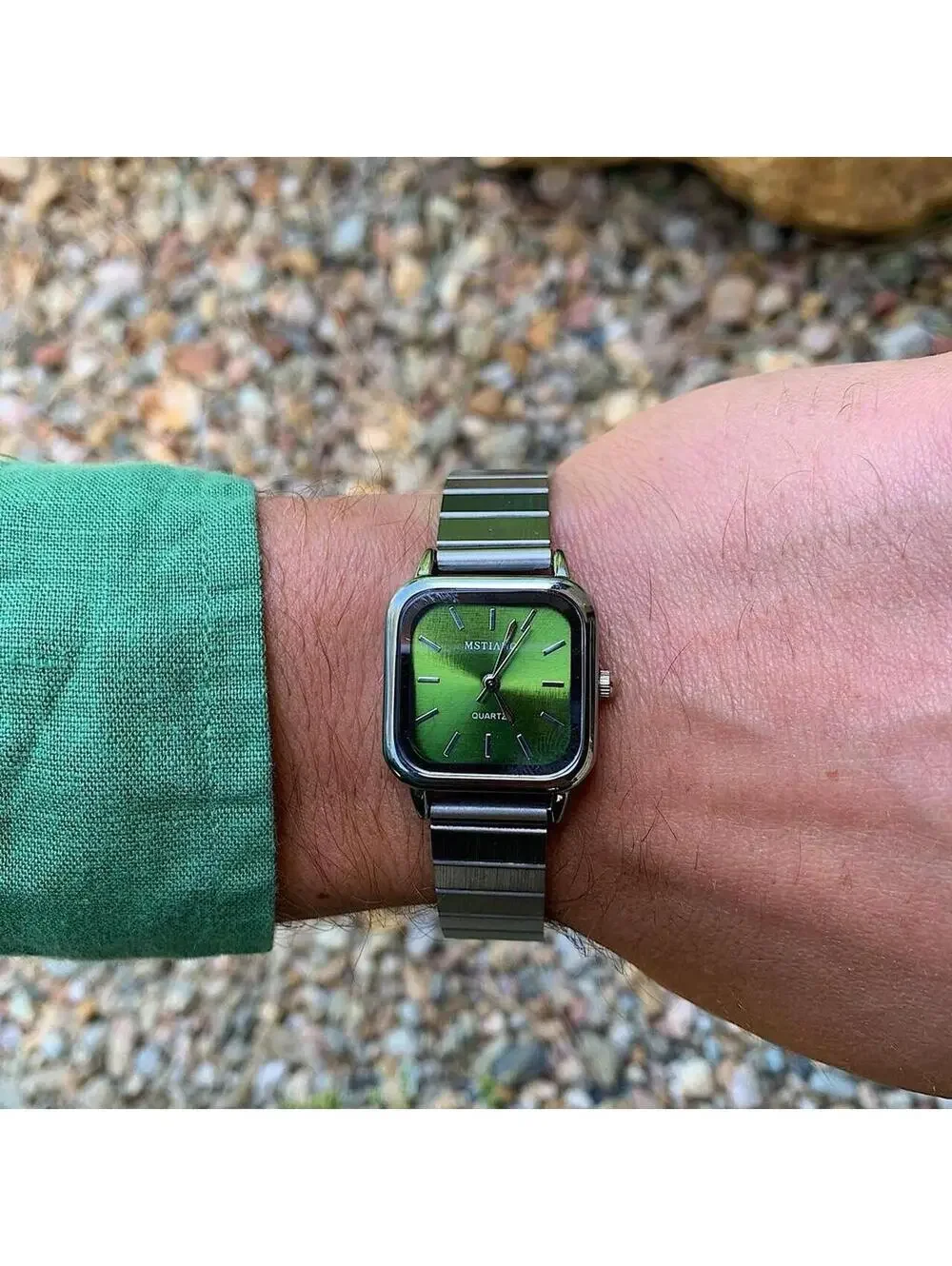 Green Face Stainless silver square watch. Classy sporty style watch. Stainless